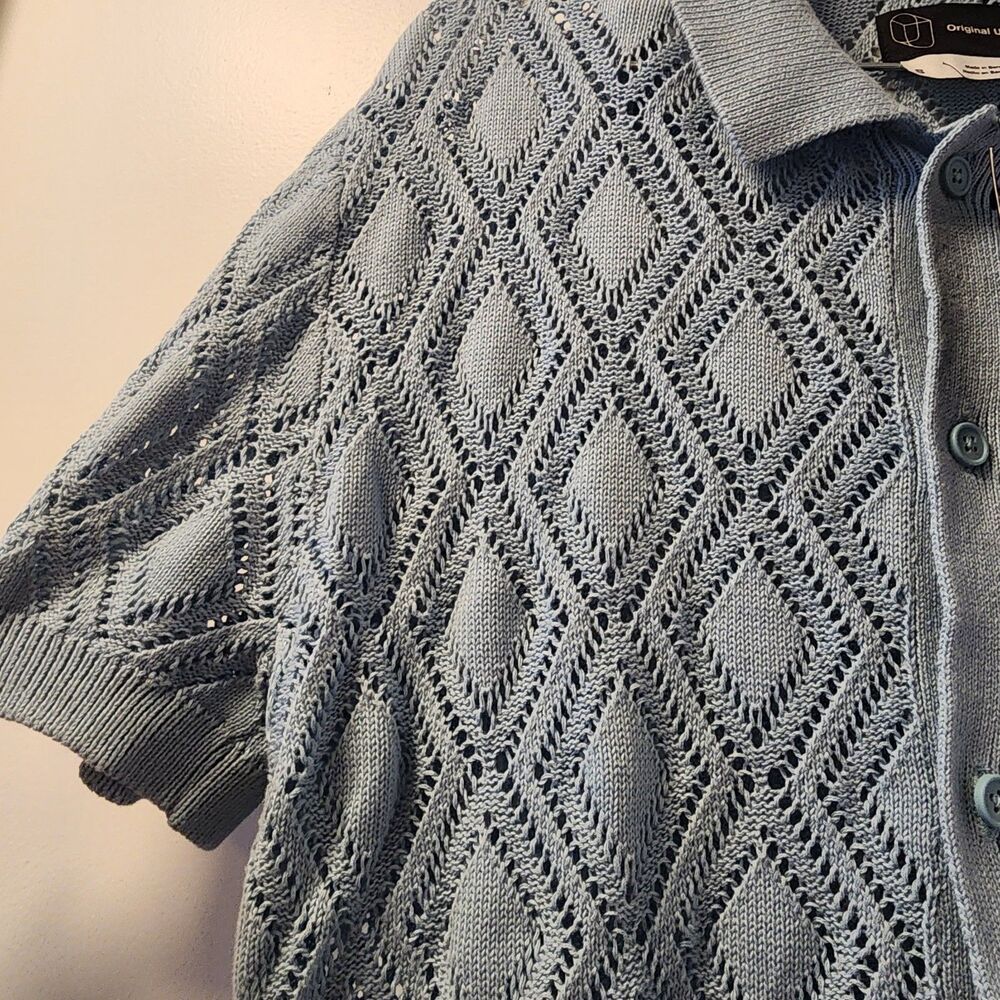 Original Use Mens Blue Crochet Open-Knit Button-Front Collared Cotton Cardigan S - Picture 4 of 7